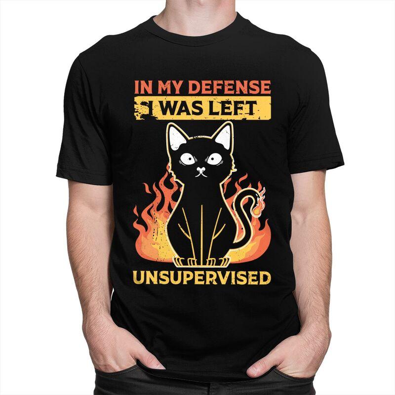 Custom In My Defense I Was Left Unsupervised Funny Cat T Shirt Men Pure Cotton Tshirt Tee Tops Streetwear Tshirt