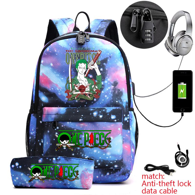 One Piece Zoro Print Anti Theft School Backpack Student Bookbag with Pen Case for Kids Teens