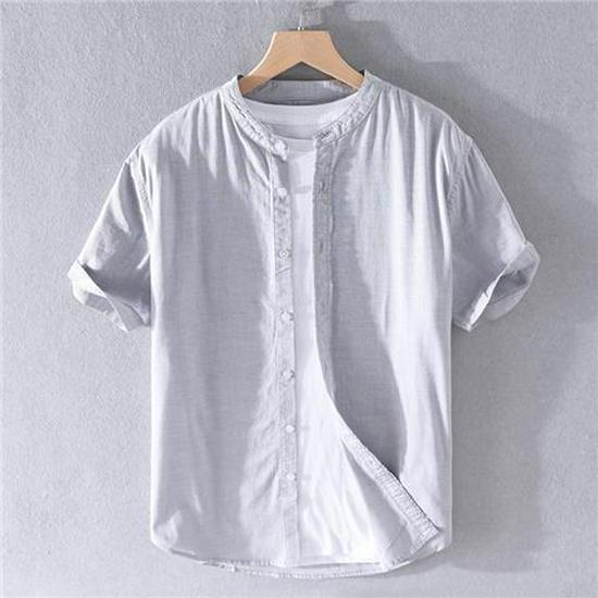 Men's White Slim-Fit Short-Sleeve Oxford Shirt with Square Collar