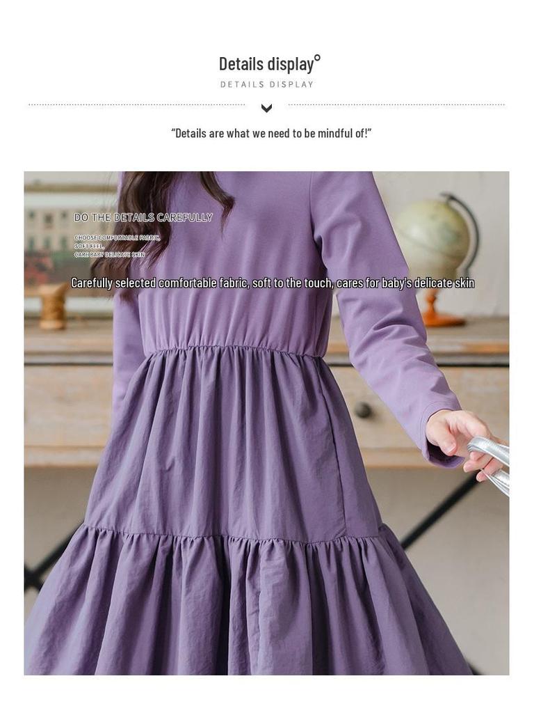Girls' Spring 2025 Long Sleeve Mori Style Dress with Spliced Big Swing Skirt.