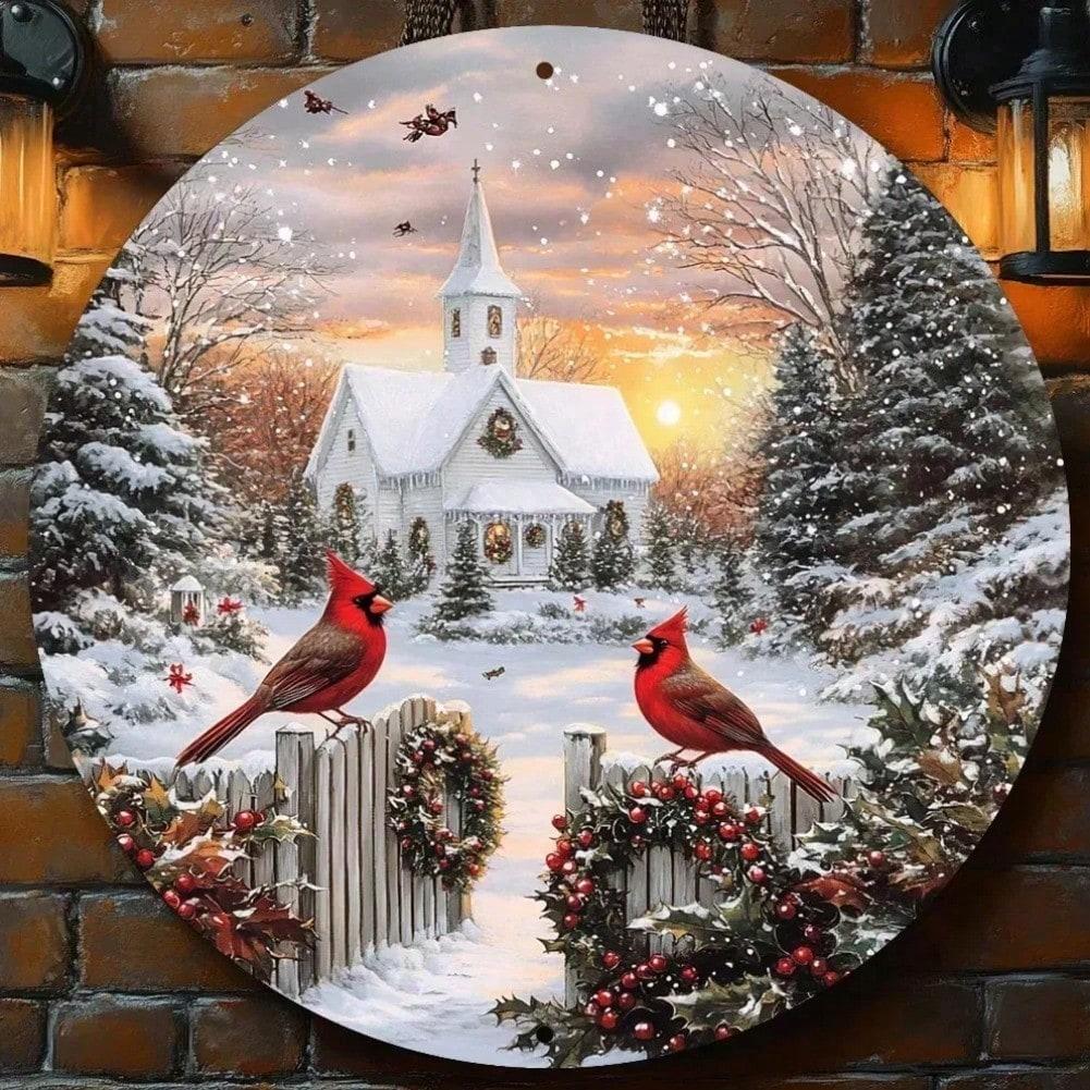

Vintage Red Birds Snowy Church Metal Wall Art, 2D Flat Christmas Decor Tin Sign 20x20 різнокольоровий