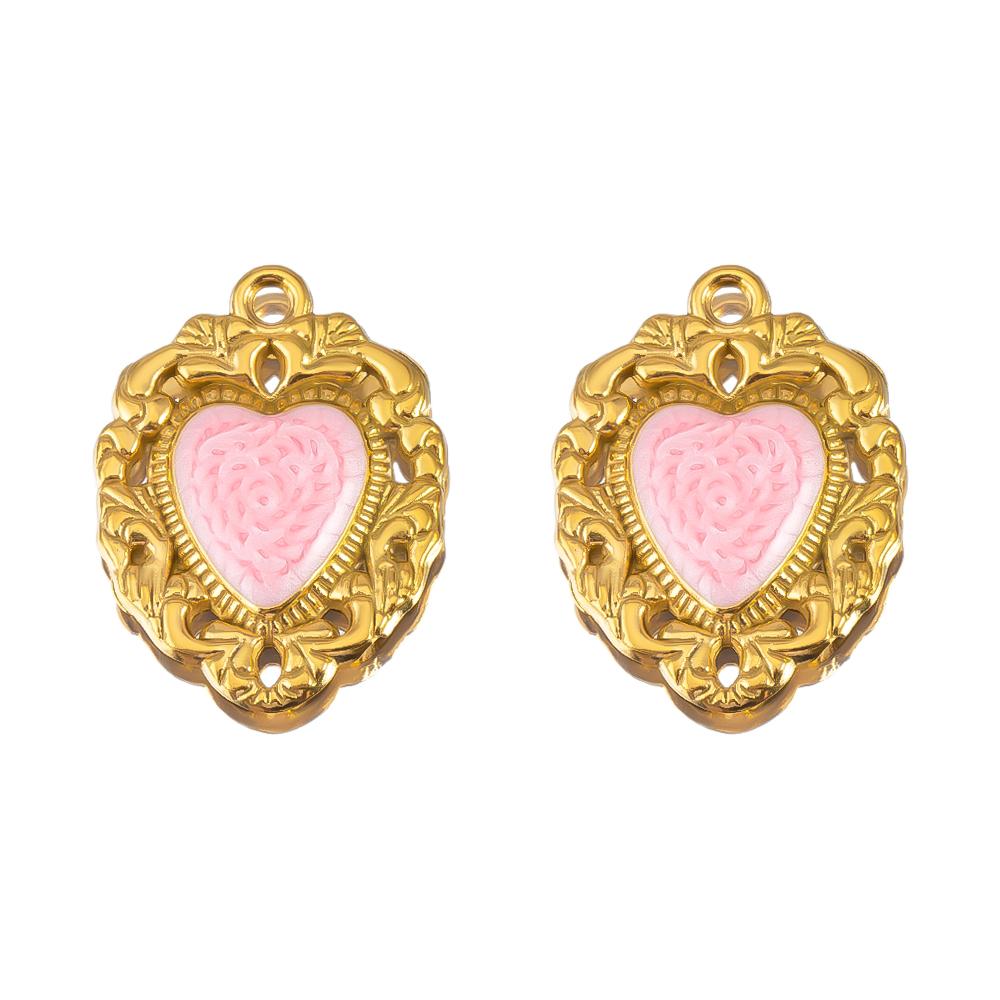2pcs Stainless Steel Charms Retro Pink Enamel Rose Flower Heart Necklace Charm for DIY Earring Jewelry Making Pendant Supplies