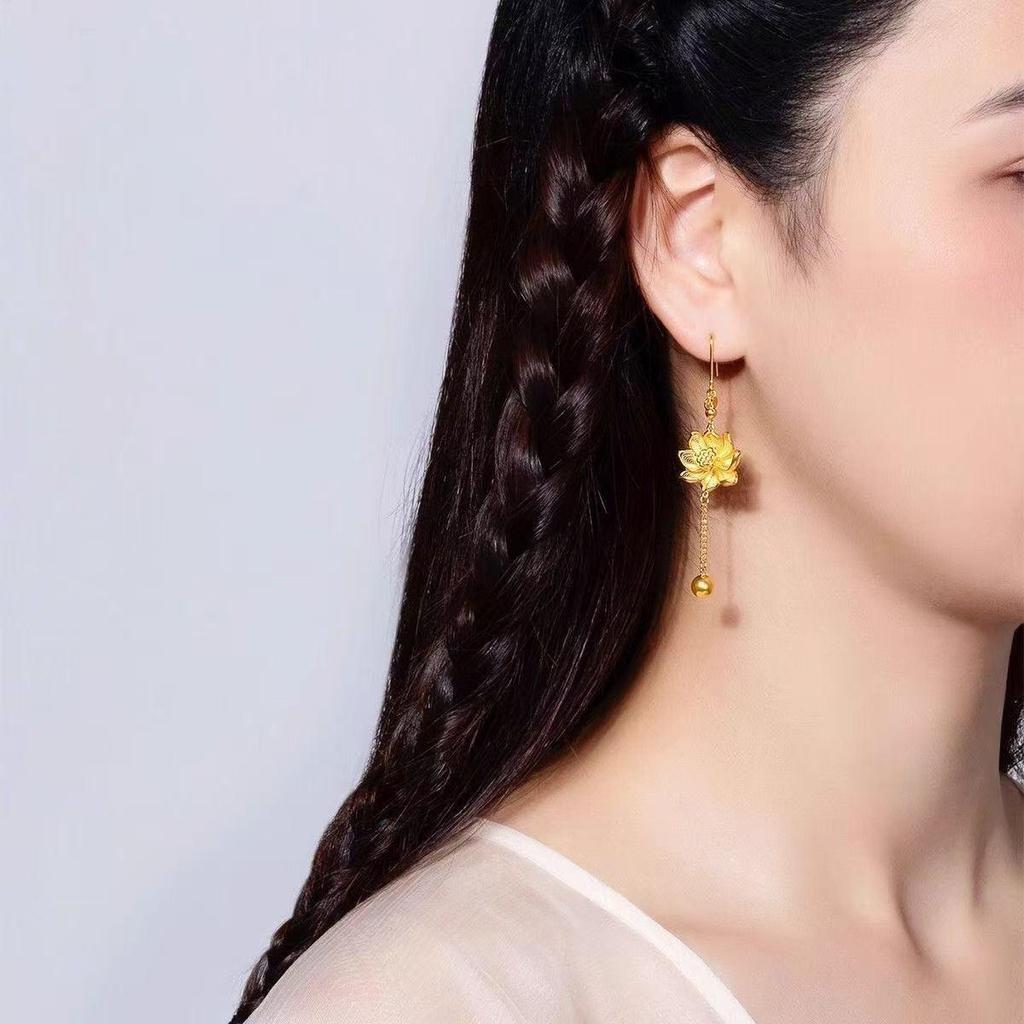 Elegant Gold Lotus Dangle Earrings and Bracelet Set for Women - New Chinese Style