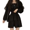 Ein quadratischer Ausschnitt, Schlankmachendes, Plissiertes, Jugendliches, Lockeres, Hochtailliertes, Retro, Zierliche Streetstyle-Kleid
