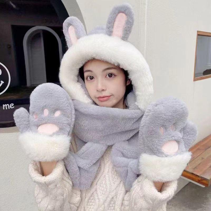 Three-piece hat set for women, autumn and winter, with fleece lining, thickened, integrated scarf and gloves, plush, warm, Korean style, ear