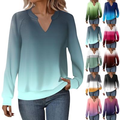 Women's Casual Long Sleeve V-Neck Sweatshirt Gradient Printed Loose Pullover Top