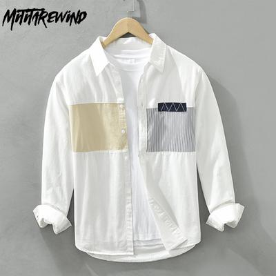 Spring and Summer Long Sleeve White Shirts for Men Street Style Striped Patchwork Shirts Male Casual Pure Cotton Top Youth Fashion Men Clothing