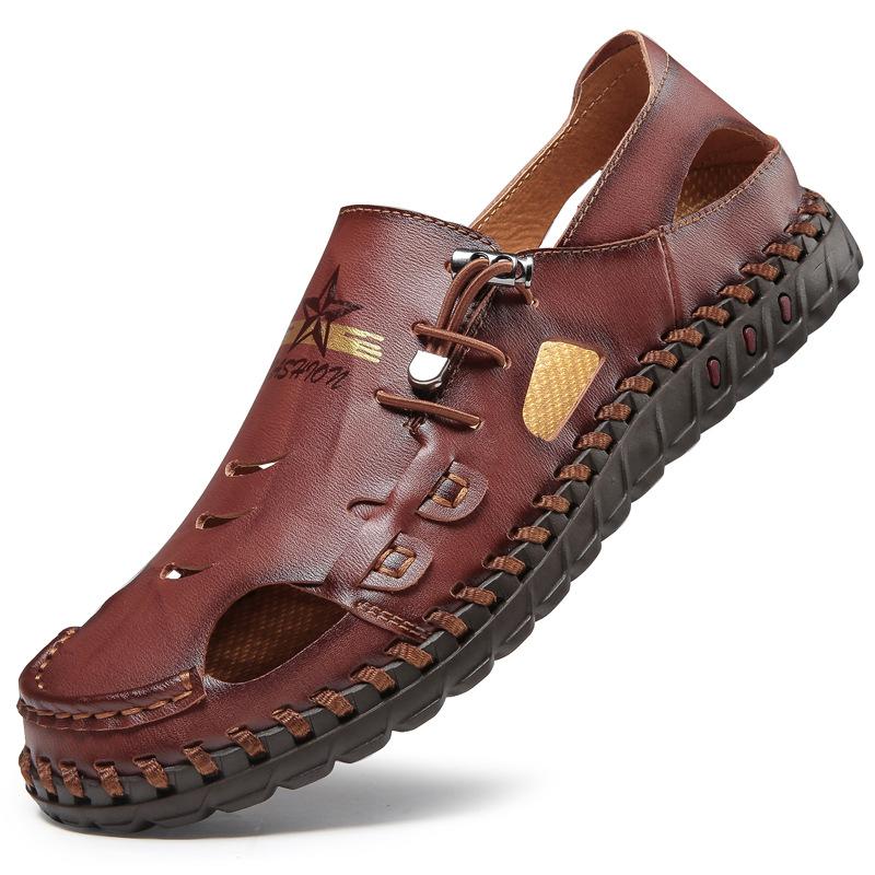 Plus Size Beach Men's Leather Shoes Closed Toe Leather Sandals Casual Hole Summer Cowhide Slippers Summer