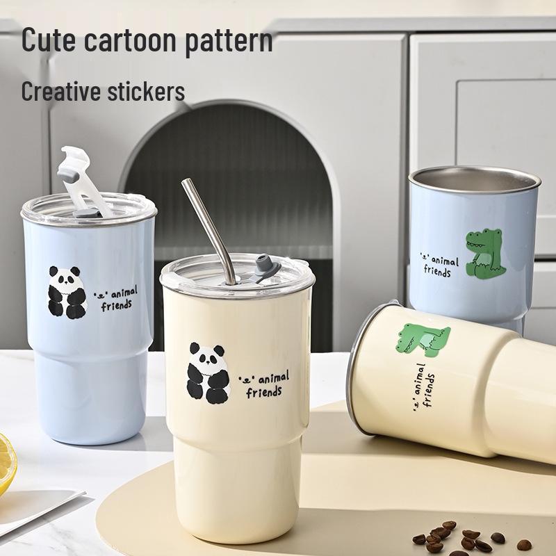 304 Stainless Steel Cartoon Coffee Cup with Lid & Straw, Portable Travel Mug for Home & Office