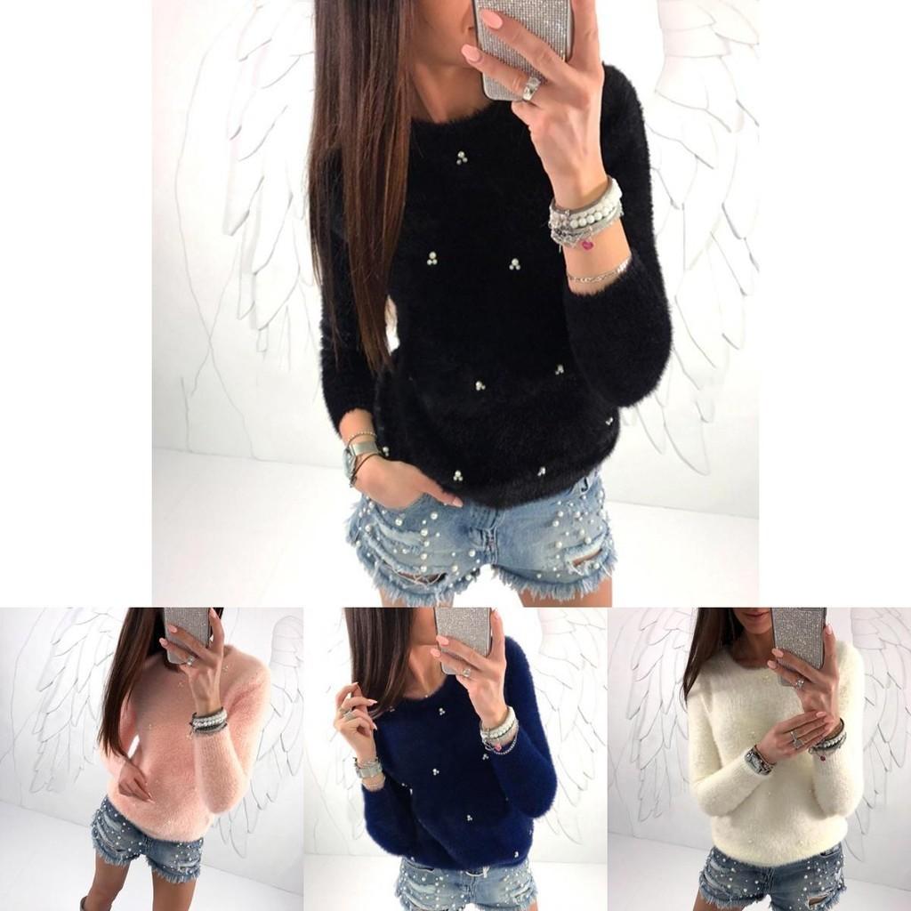 Cozy Women Plush Beaded Sweater Casual Solid Color Fur Sweatshirt With O-neck