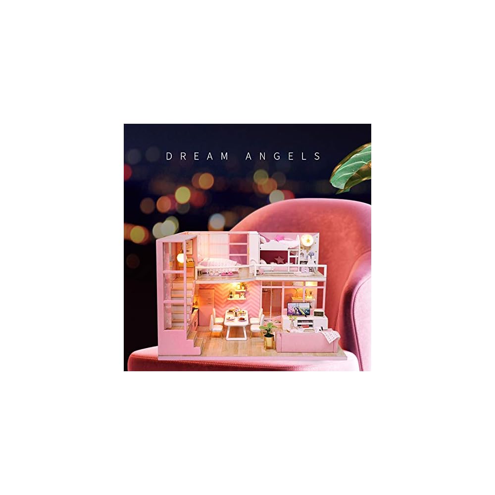 Cuteroom DIY Wooden Dollhouse Kit with LED Light and Music Box Dust Cover Furniture and Miniature Accessories Set