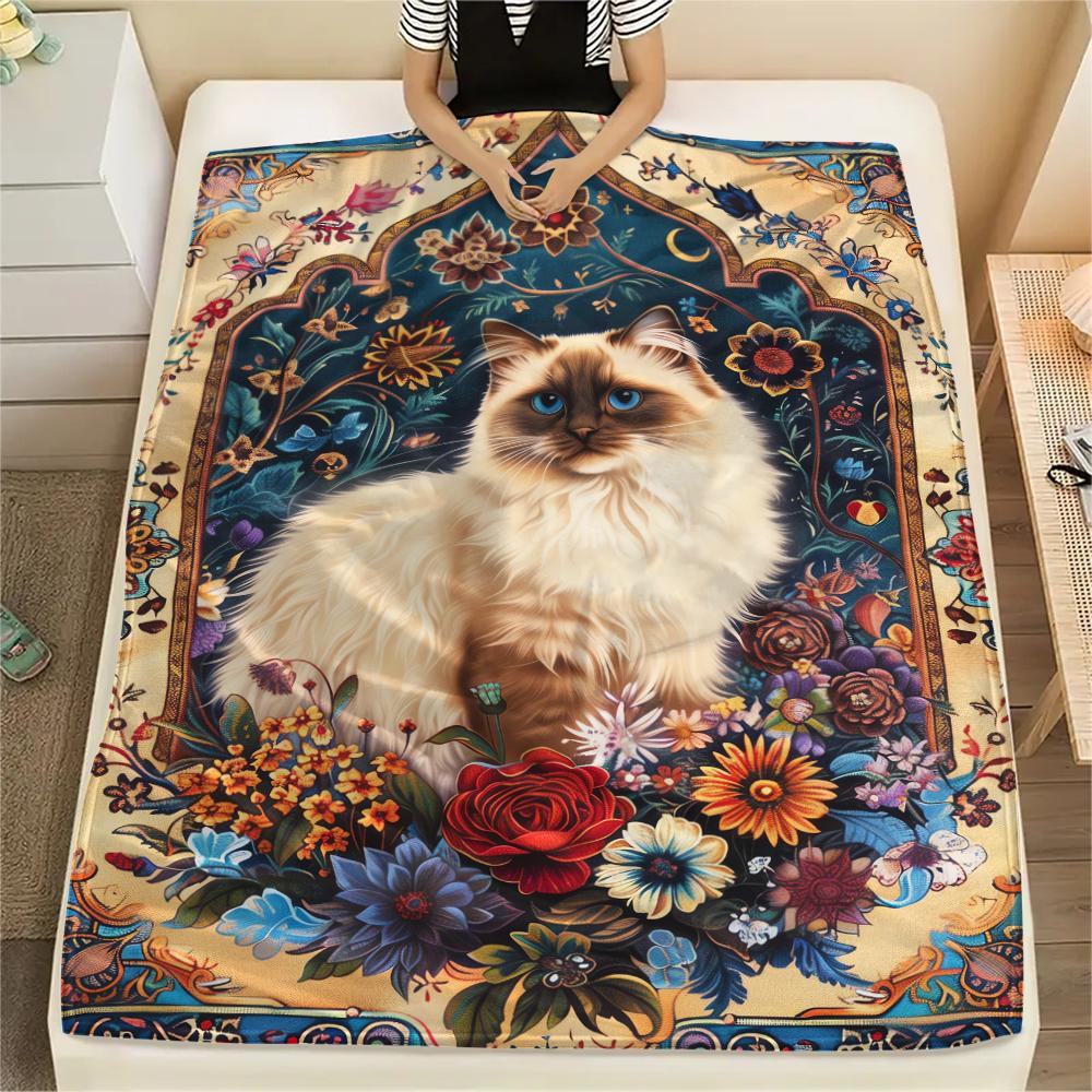 1Pc Boho Floral Cat Print Flannel Blanket, High Quality Comfortable for All Seasons, Home Decor, Warmth and Comfort, Perfect for Christmas Gifts