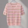 Women's V-Neck Striped Color-Block Short Sleeve Knit Top