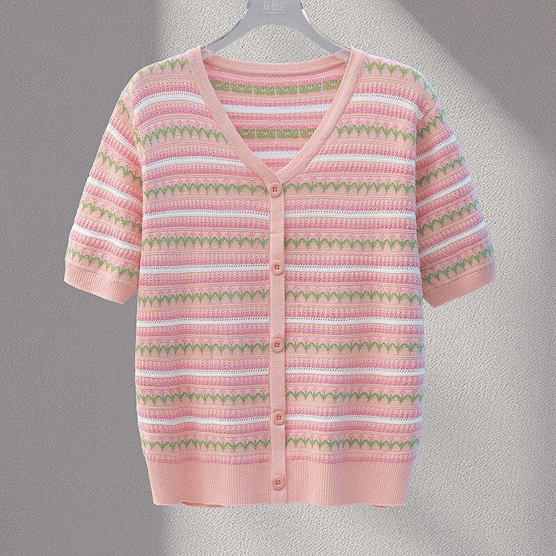 Women's V-Neck Striped Color-Block Short Sleeve Knit Top
