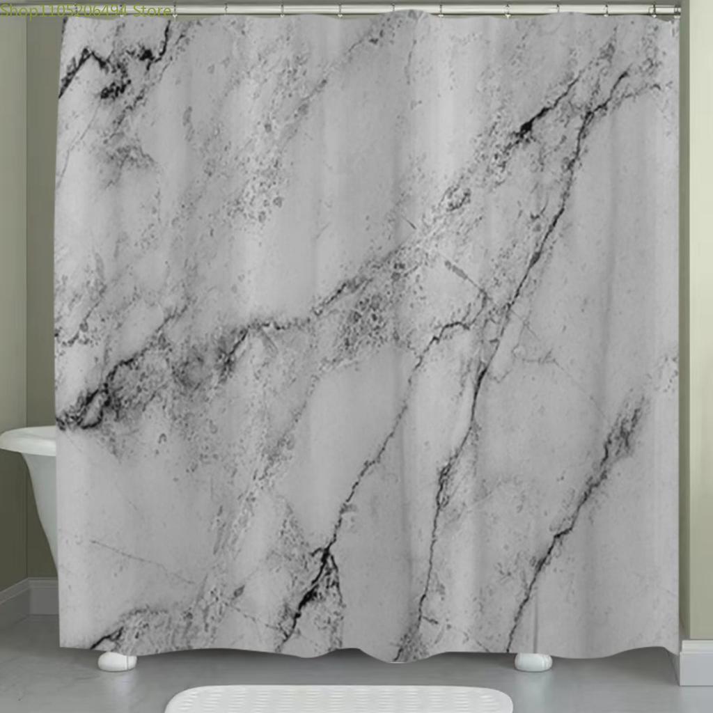 1pc Marble Pattern Shower Curtain, Home Decor Printed Curtain, No-Drill Bathroom Divider