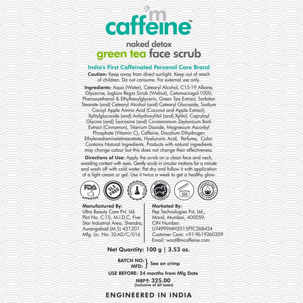 mCaffeine Green Tea Face Scrub with Vitamin C & Walnut 100gm Pack | Gently Exfoliates for All Skin Types