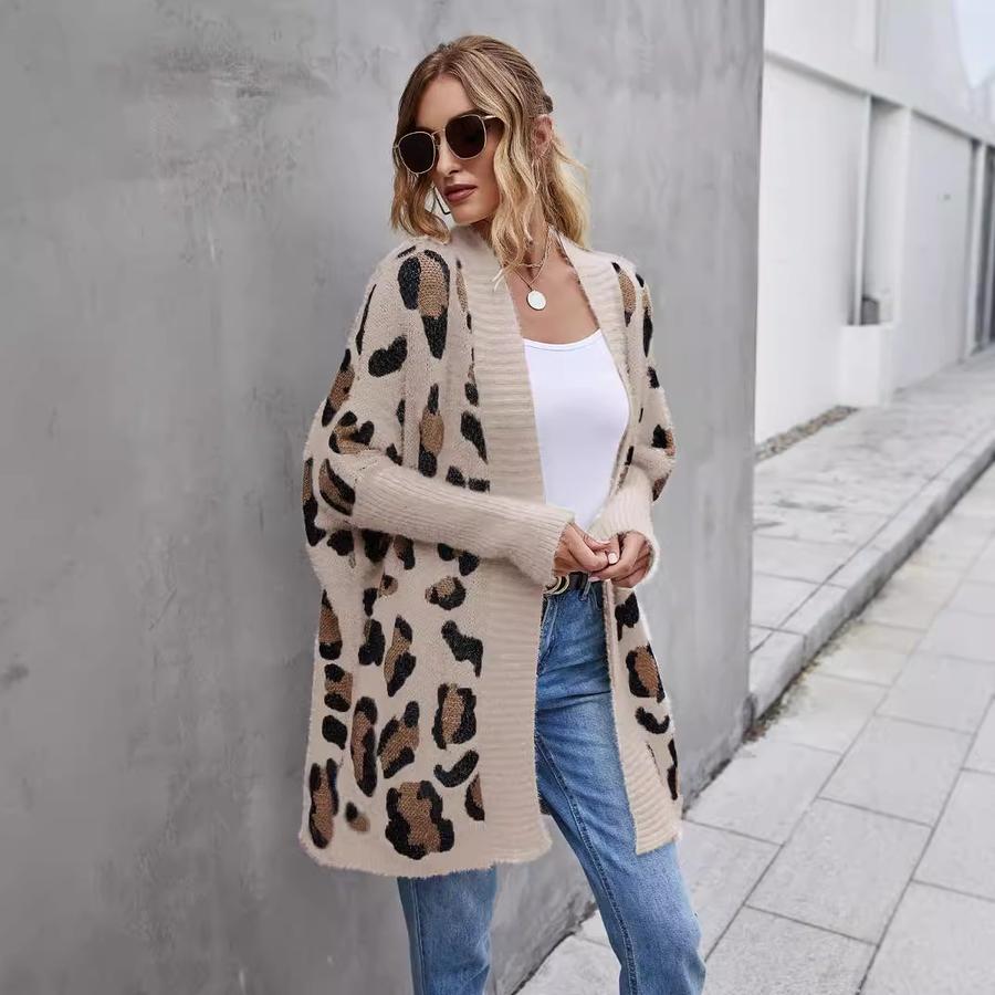 New Spring Women's Oversized Knit Cardigan Coat Leopard Print Sweater