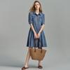 Demana Women's Lapel Puff Sleeve Pleated Denim Dress