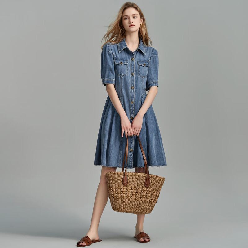 Demana Women's Lapel Puff Sleeve Pleated Denim Dress
