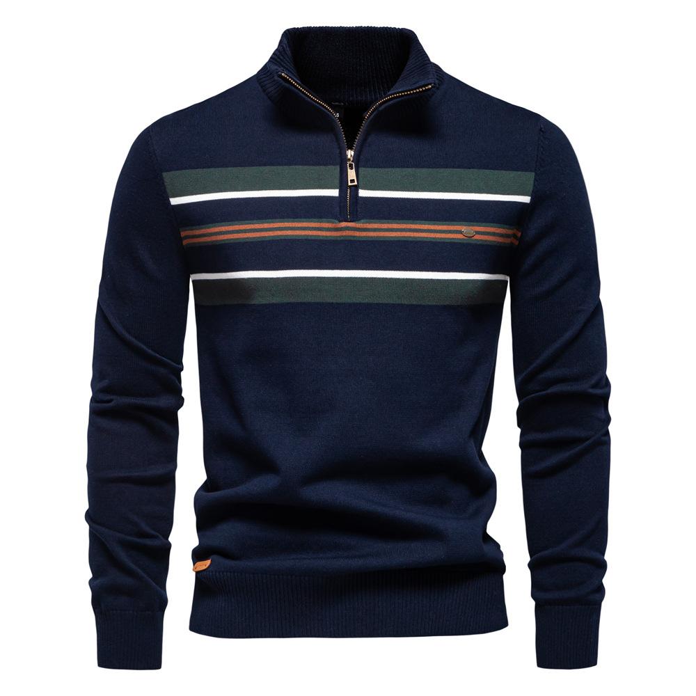 New Autumn and Winter Men's Sweater Half Zipper Sweater Casual Striped Men's Top