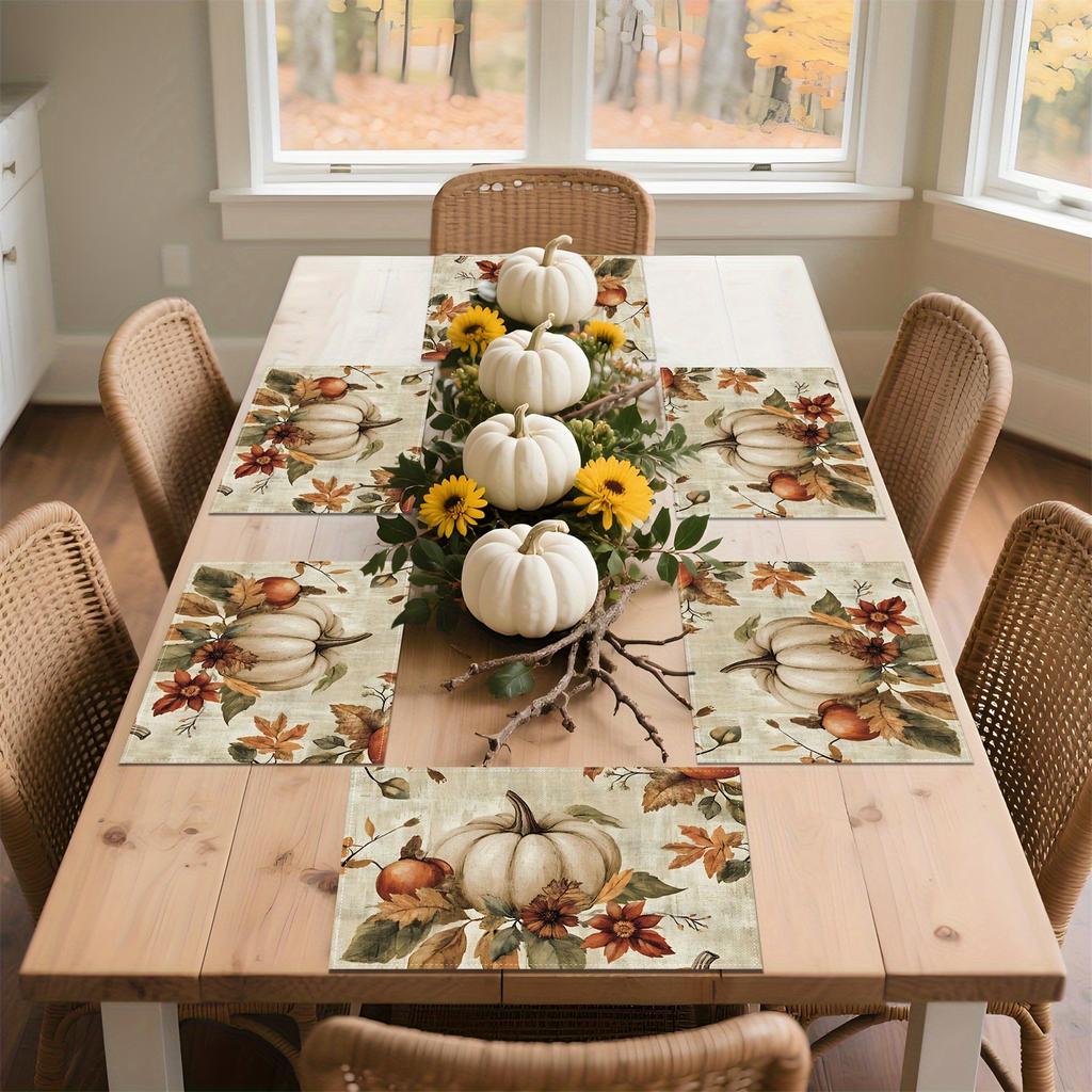4/ 6pcs Vintage Pumpkin Flowers Leaves Placemats 12x18 Inch Fall Thanksgiving Table Decorations for Kitchen Dining Party Home