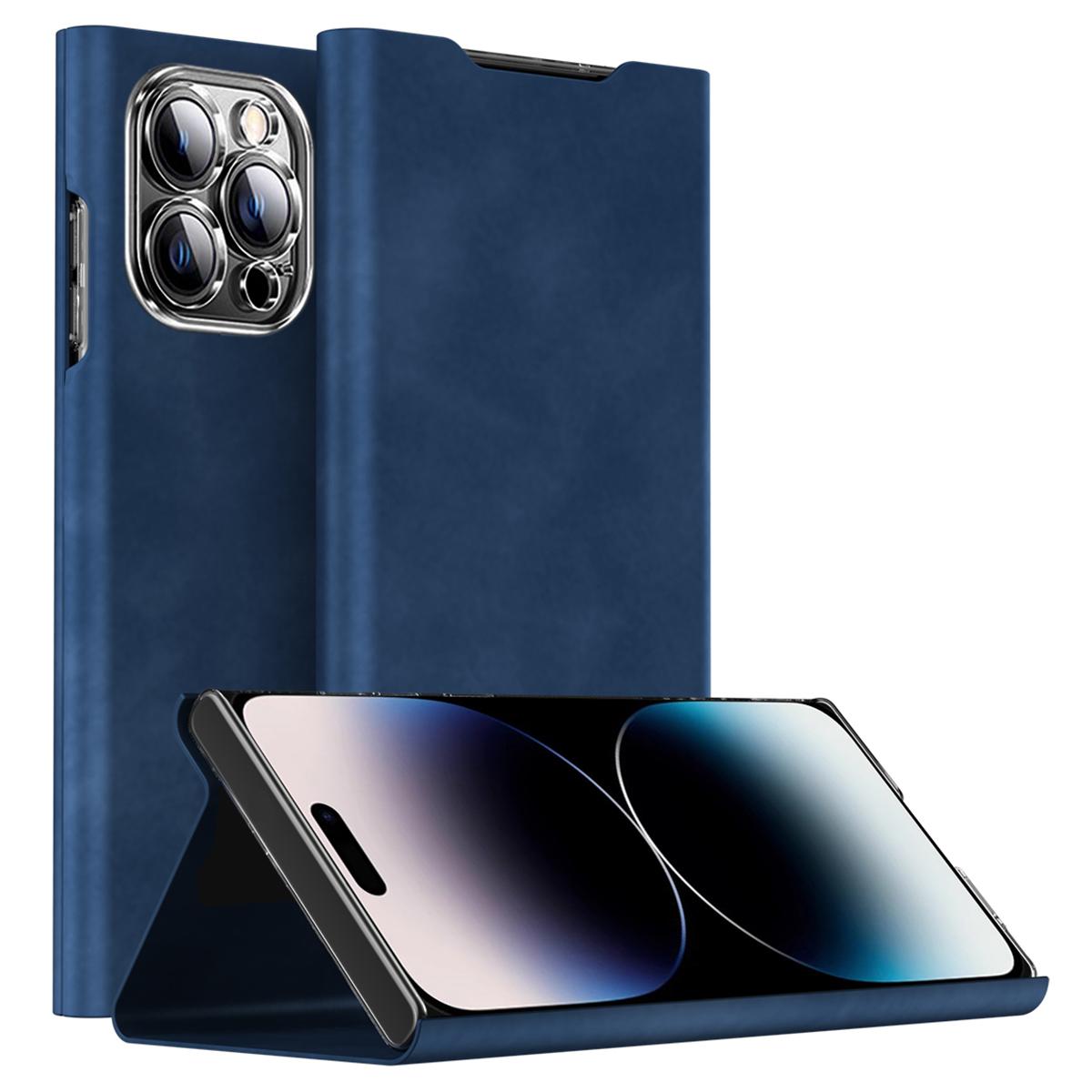 

For iPhone 15 Pro Max Card Holder Phone Case Nappa Texture PU Leather+PC Stand Phone Cover Blue
