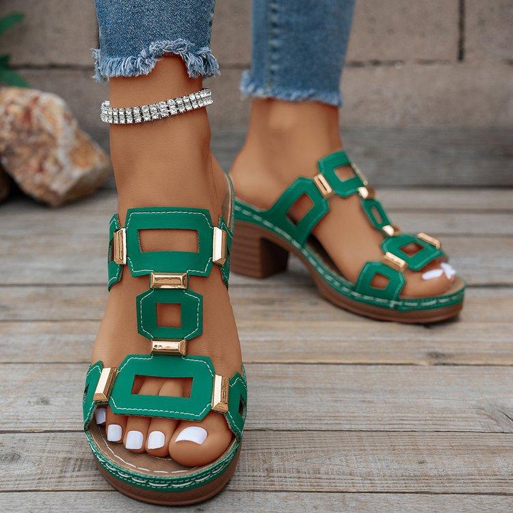 Sandalias con tacón de bloque para mujer, elegantes tacones sin cordones para salir y uso informal en verano