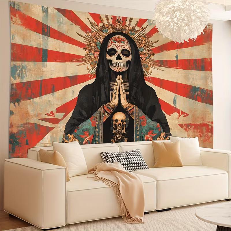 2D Holy Death Skull Tapestry Retro Mexican Aesthetic Background Cloth