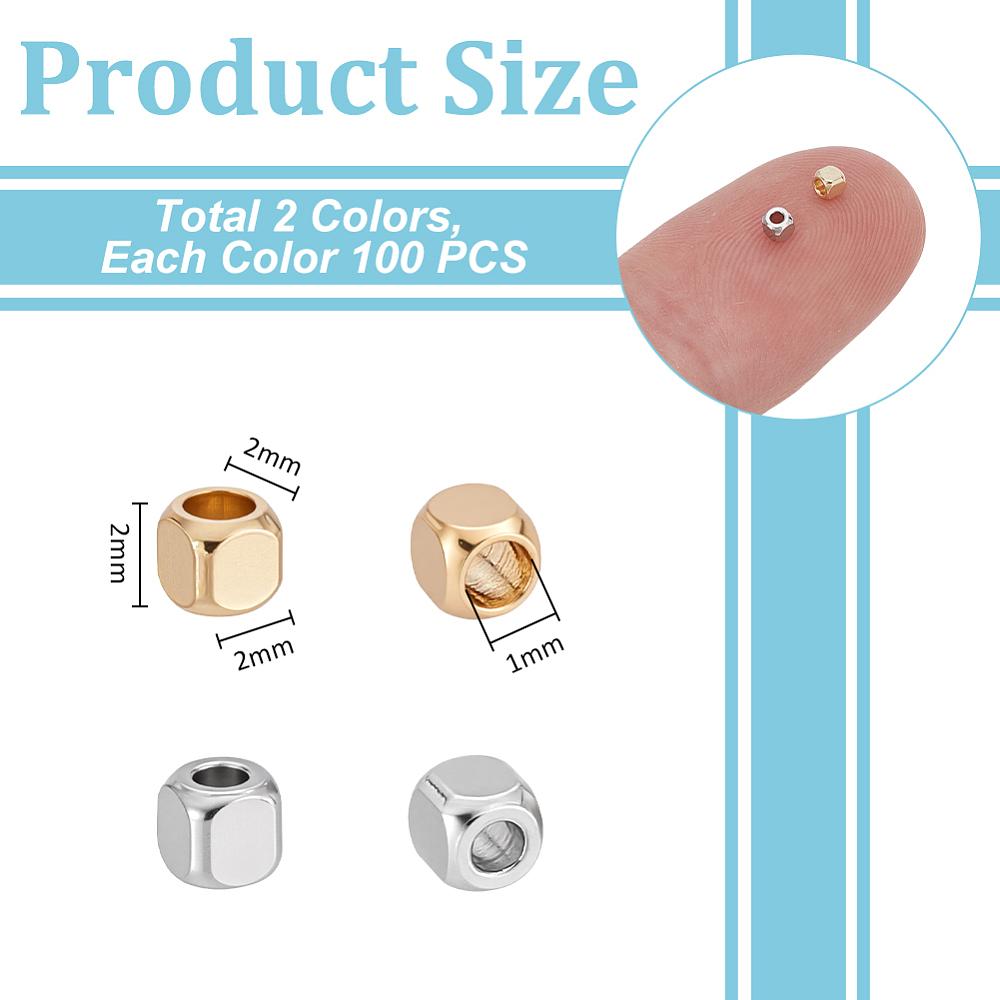 1set 200pcs 2 colors 201 Stainless Steel Beads Cube Golden & Stainless Steel color 2x2x2mm Hole: 1mm 100pcs/color