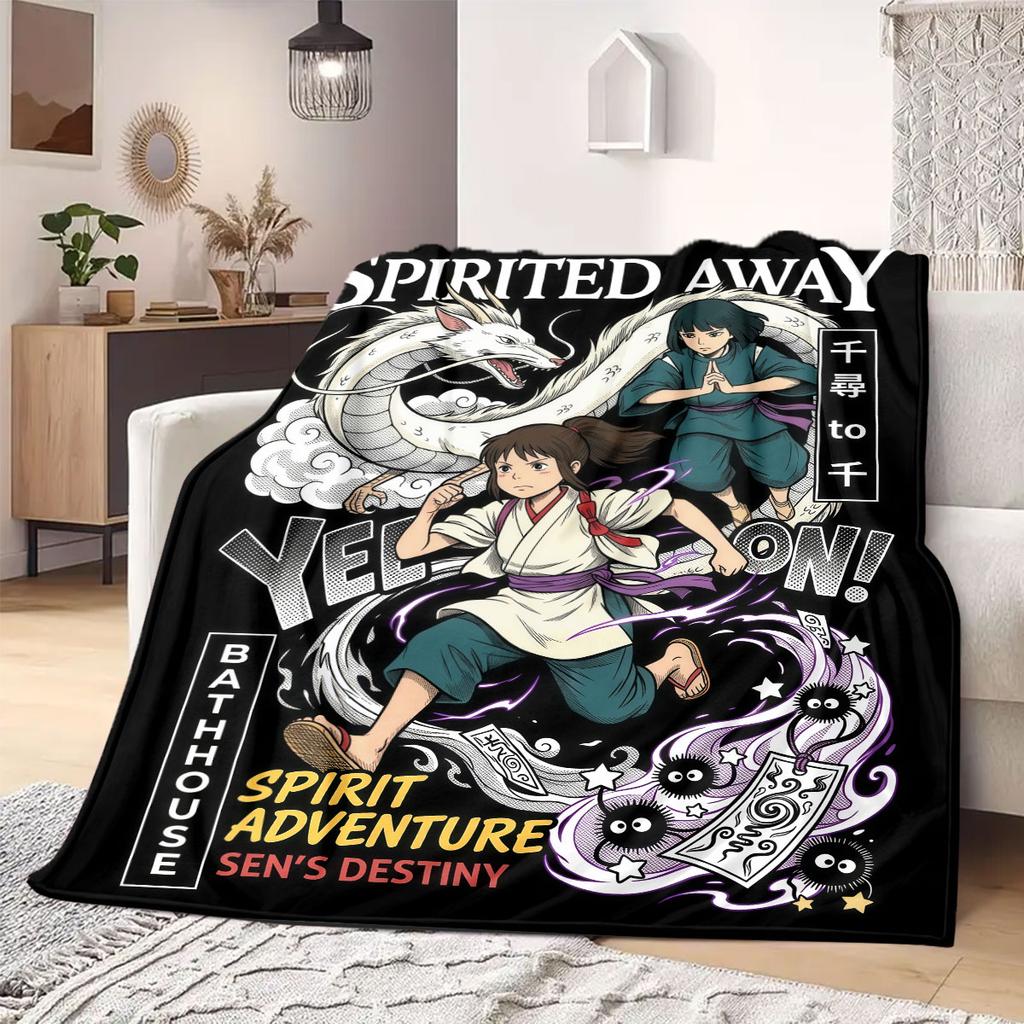 Spirited Away Iconic 2D Print Flannel Blanket, Anime Cartoon Figures for Bed, Warm Decor Travel Essentials_LIAN