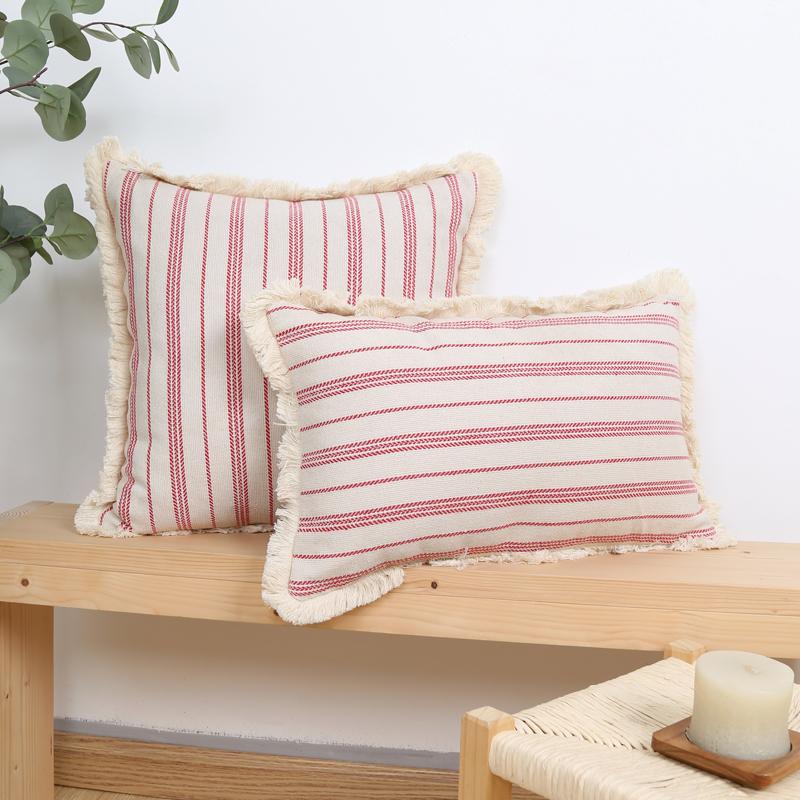 1Pc Striped Jacquard Throw Pillow Case, Retro Geometric Cushion Case with Tassels, Room Decor Party Decor, No Pillow Insert