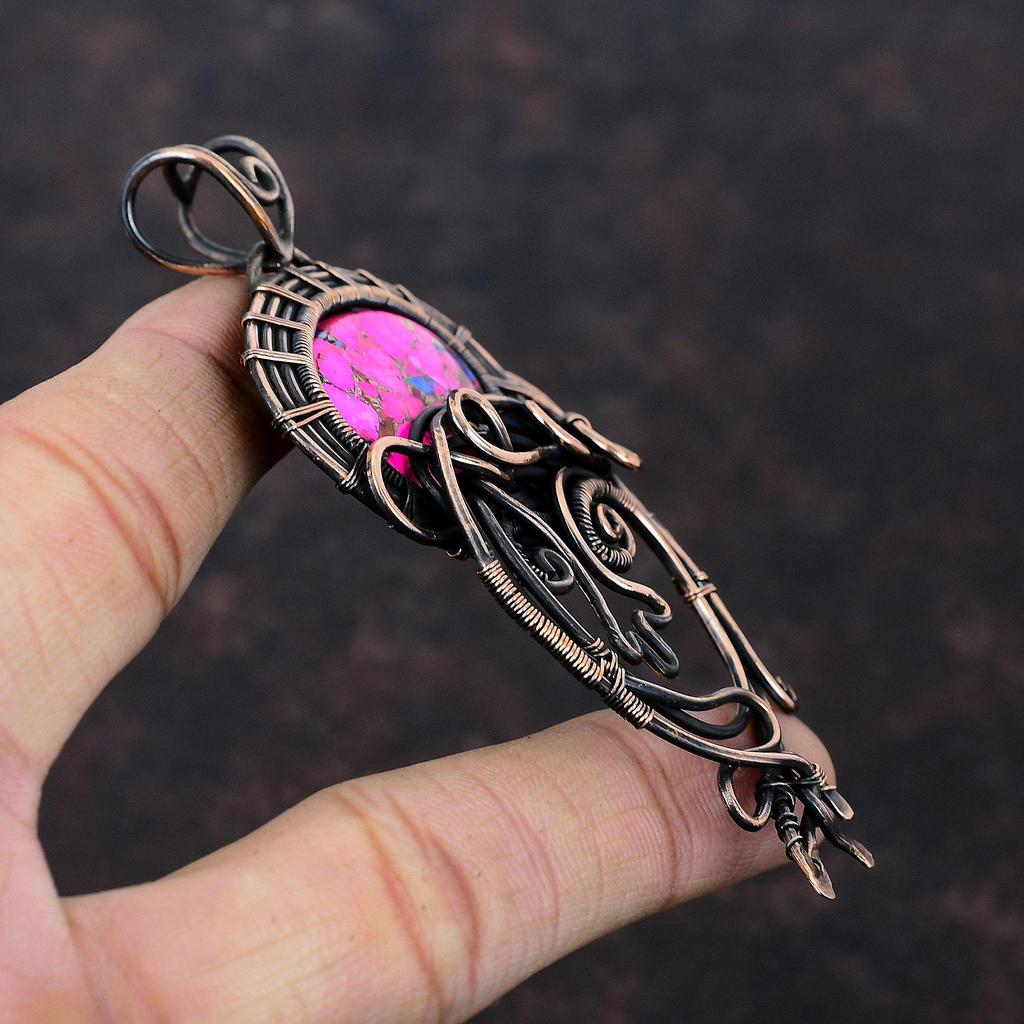 Natural Kingman Pink Dahlia Turquoise Pendant Copper Wire Wrapped Jewelry Handmade Gemstone Pendant Copper Pendant Gift For Mom Wire Pendant