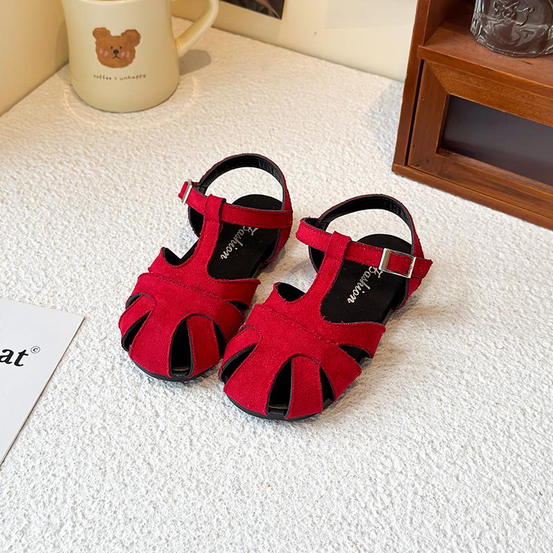 

Kids Leather Cage Sandals for Girls Summer New Toddler Beach Shoes Non-slip Princess Elegant Retro Kid Garden Wedding Flats 24 вино красного