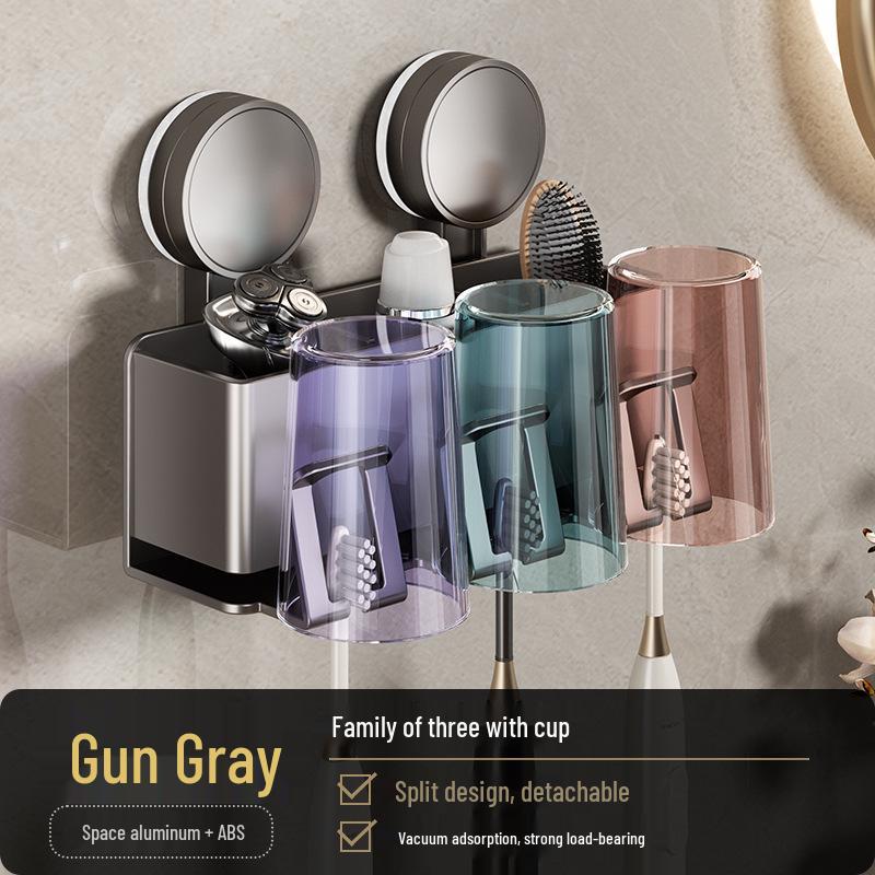 Wall-Mounted Suction Toothbrush & Toothpaste Holder with Aluminum Storage Shelf
