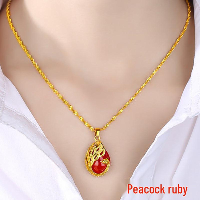 Gold-Plated Double Water Wave Necklace with Ruby & Emerald Pendant