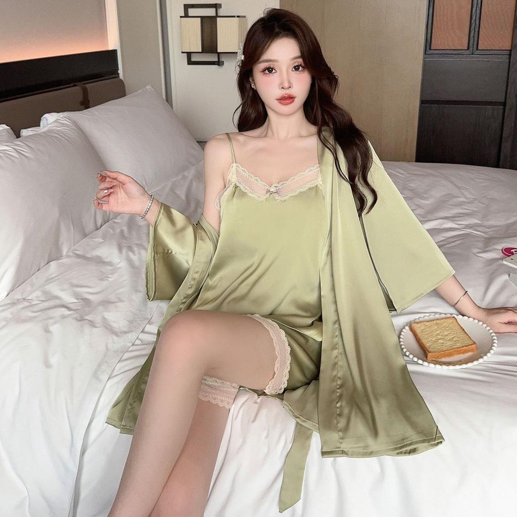 New Sexy Pajamas Women's Ice Ribbon Chest Pad Sling Three-piece Set of Pure Desire Silk Loungewear Can Be Worn Outside