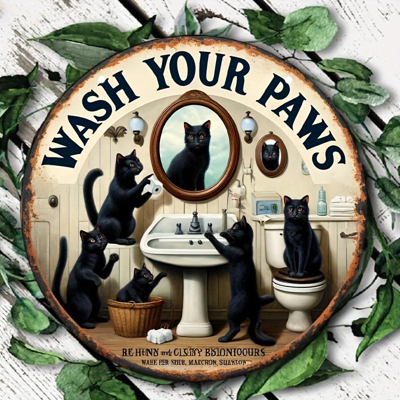 Vintage Black Cat Aluminum Sign - 8"x8" Round Metal Wall Decor for Bathrooms, Garages, Home Bars, Man Caves and Outdoor Spaces