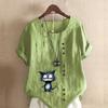 Women's Fashion Blue Cat Prined Short Sleeve T-shirt Loose Cotton Shirt Casual Loose Summer Blouse Tops Plus Size