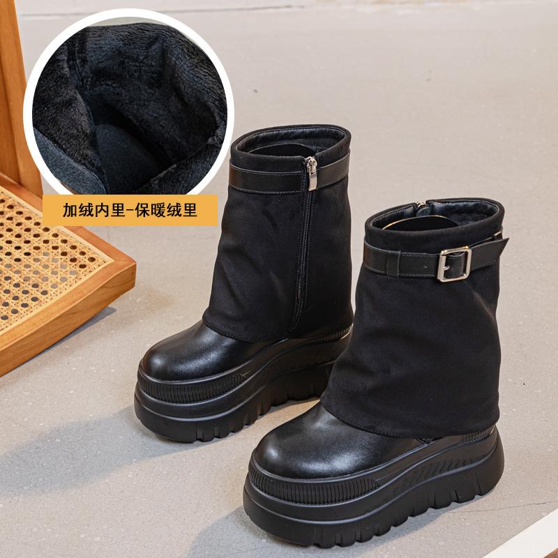 

Женские ботильоны 2025 осень и зима новые на толстой подошве ботинки-брюки ботинки Мартин ретро леопардовый принт средняя голень пряжка ремня внутренняя высокая платформа 39