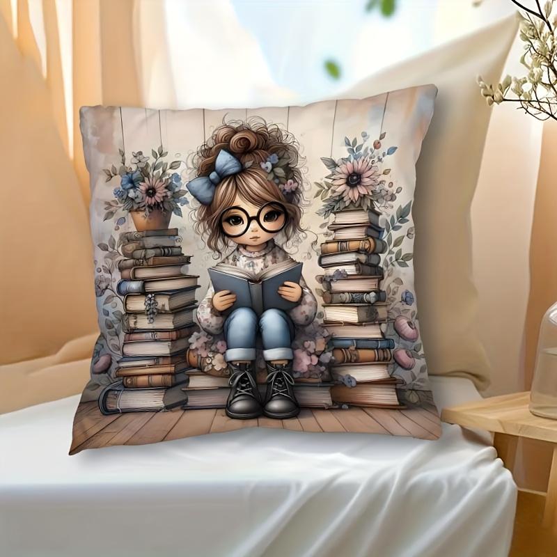 1Pc Cartoon Reading Girl Themed Printed Throw Pillow Cover, Suitable For Sofa,Bedroom,Living Room,A Healing Gift For Book Lovers
