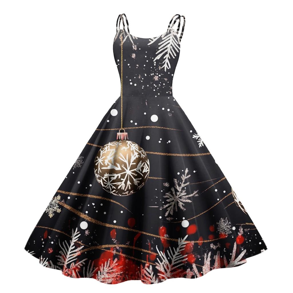 Women's Fashion Christmas Printed Sexy Strapless Gothic Cocktail Dress Punk Vintage Dress