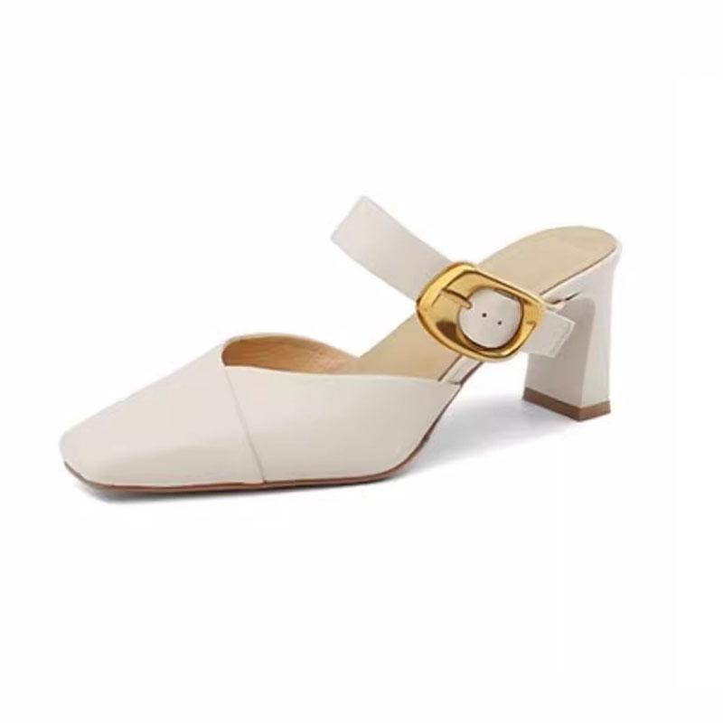 Comemore Baotou Sandal Slippers Summer New Casual Outside Wear Leather High-heeled Solid Mules Half Slipper for Women