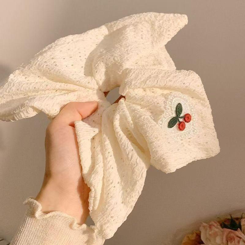 Embroidered Cherry Head Rope White Hollow Fabric Square Scarf Hair Band Large Intestine Headband Sweet Headband Hair Accessory