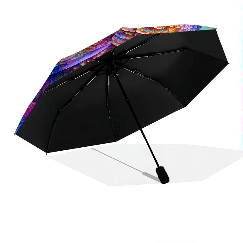 Flower Owl pattern, automatic folding umbrella, portable and foldable design, 8 ribs, a Christmas or birthday gift.