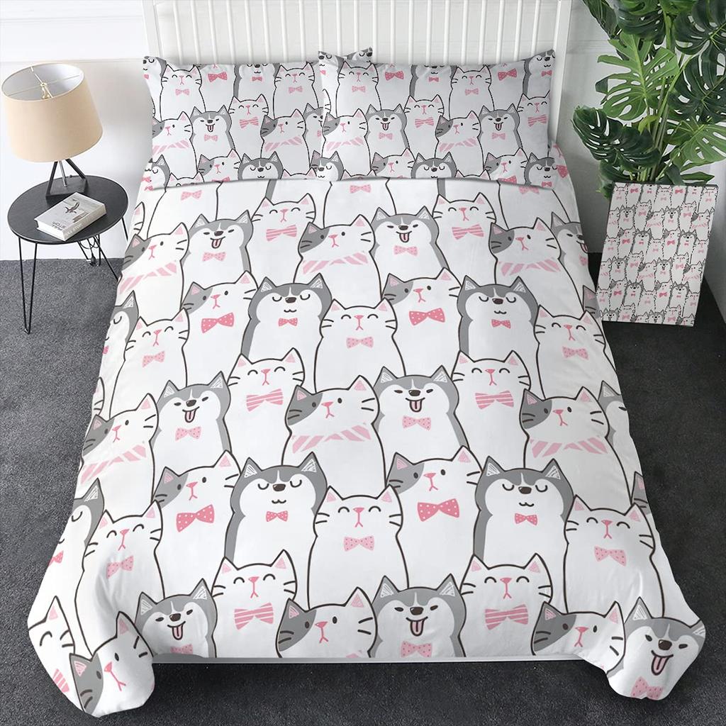 Sada povlečení s kočkami, Šedobílá sada ložního prádla s kočkami, Kreslená sada přikrývky s kočkami, Dívčí Kawaii sada povlaku na přikrývku s kočkami Full King Size