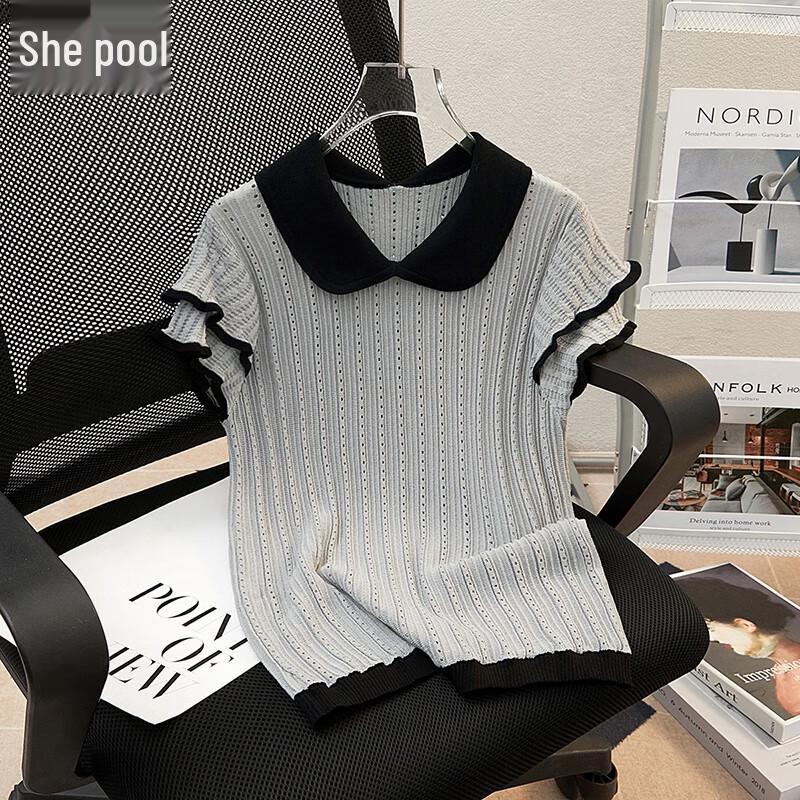 Женский французский трикотажный топ с кукольным воротником и короткими рукавами L