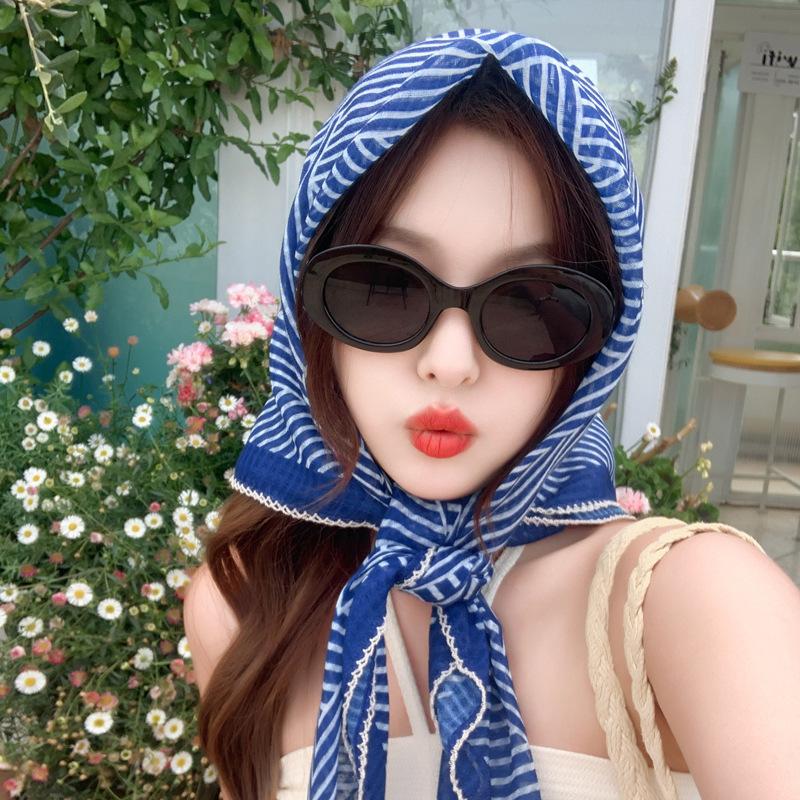 French striped 91 large square scarf cotton and linen silk scarf tube top women's belt summer seaside vacation headscarf sun protection shawl