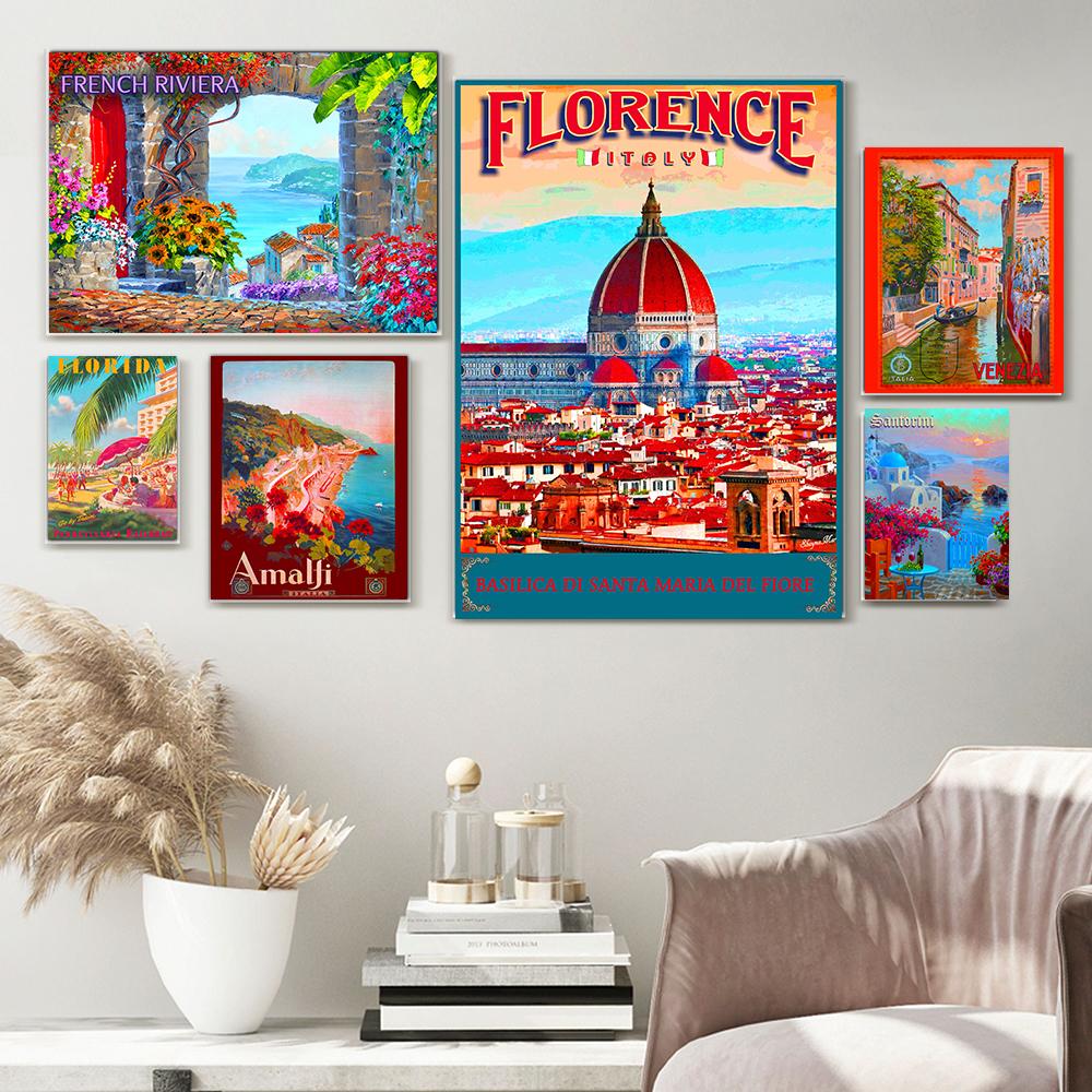 Landscape Poster Printing In Italy, France, Florence, Florida, Paris, Peru, Greece, Vintage Tourist City Advertising Art
