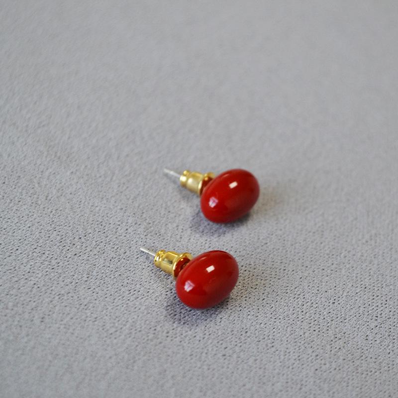 Japanese & Korean Retro Wine Red Enamel Acacia Bean 925 Silver Earrings for Women