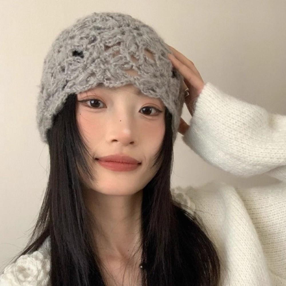Hollow Knitted Pullover Hat Solid Color Beanies Cap Sweet Crochet Flower Hat  Girls